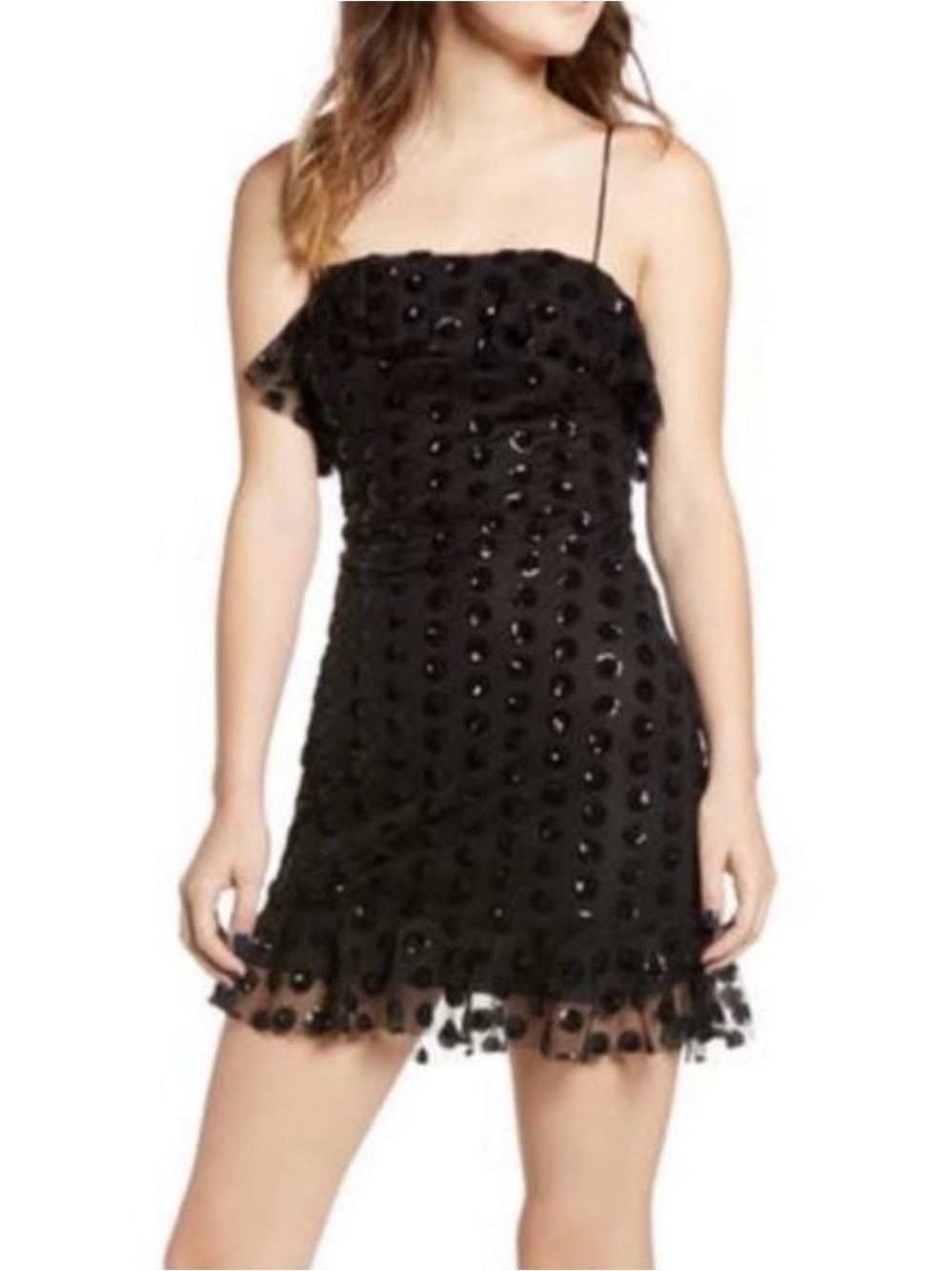 Row A Sequin Polka Dot Square Neck Ruffle Sleeveless Mini Dress